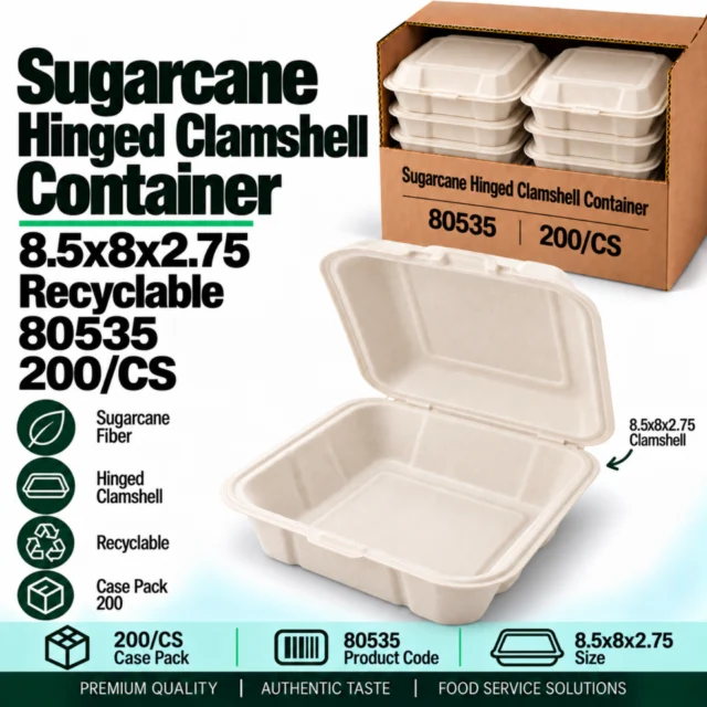 Sugarcane Hinged Clamshell Container– 8.5×8×2.75 (Recyclable) - 200/CS (80535)