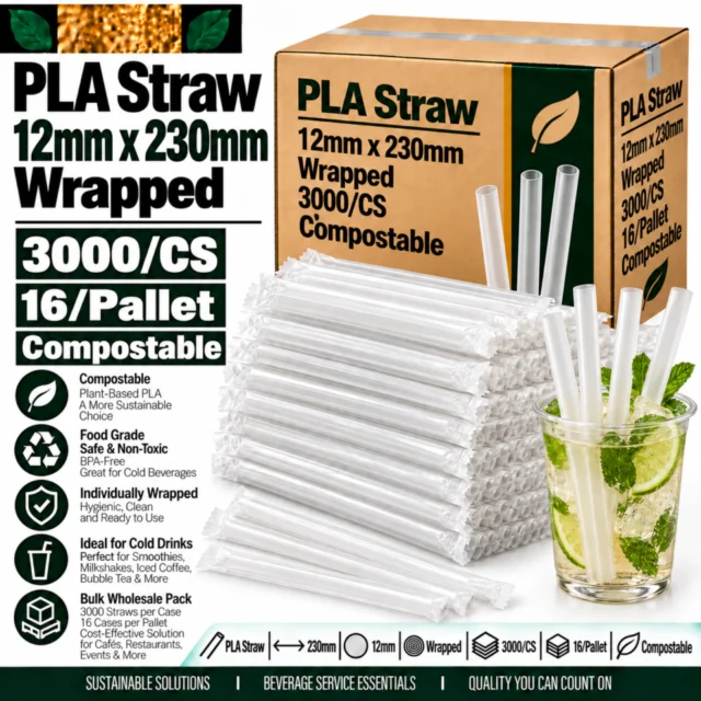 Straw – PLA – 12mm x 230mm Case - Wrapped - 3000/CS (16/Pallet)