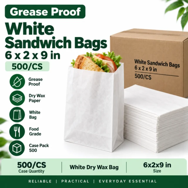 Grease Proof Dry Wax White Sandwich Bags 6x2x9" 500/CS