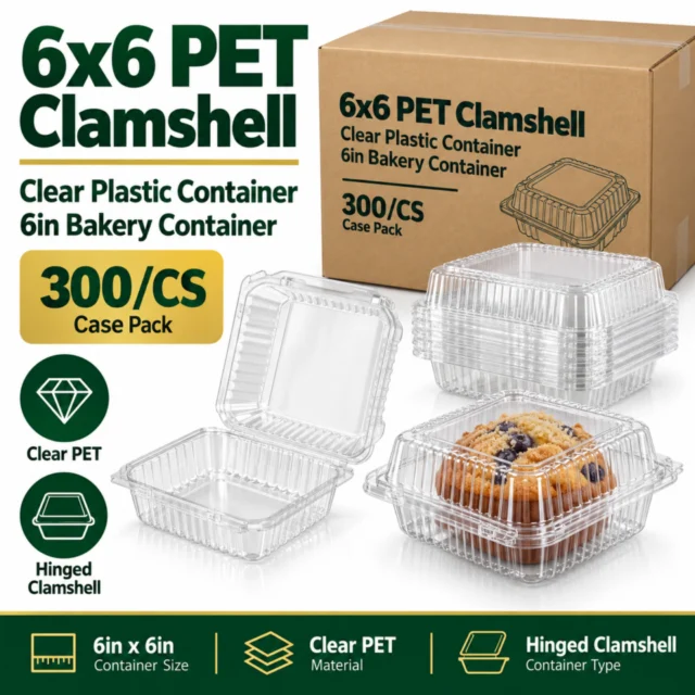 6x6 Pet Clamshell Clear Plastic Container Case / 6in Bakery Container Case - 300/CS