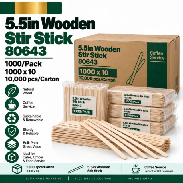 5.5in Wooden Stir Stick Per Piece (1000/Pack) - 80643 - 1000x10/Carton=10,000pcs/Carton