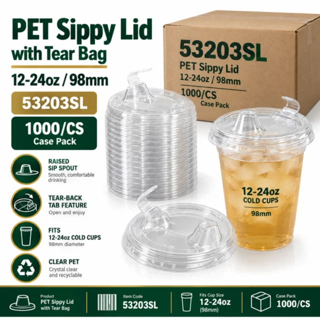 PET Sippy Lid with Tear Bag for 12-24oz / 98mm Pet Cup Case - 53203SL - 1000/CS