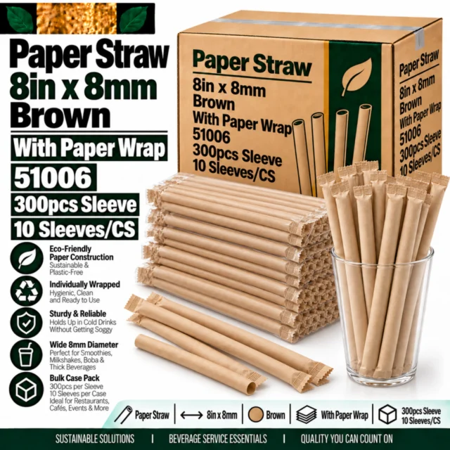 Straw – Paper – 8in (8" x 8mm) - Brown - With Paper Wrap - 51006 - 300pcs Sleeve (10Sleeves/CS)