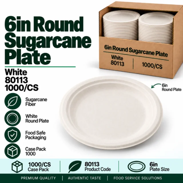 6in / 6 round Sugarcane Plate – White - 80113 - 1000/CS