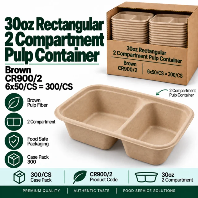 30oz Rectangular 2 Compartment Pulp Container Case - Brown  - CR900/2- 6x50/CS=300/CS