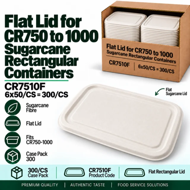 Flat Lid for CR750 to 1000 Sugarcane Rectangular Containers - CR7510F - 6x50/CS=300/CS