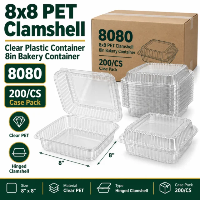 8x8 PET Clamshell Clear Plastic Container Case / 8in Bakery Container Case - 8080- 200/CS
