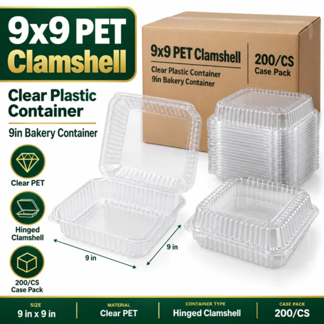 9x9 PET Clamshell Clear Plastic container Case / 9in Baker Container Case - 200/CS