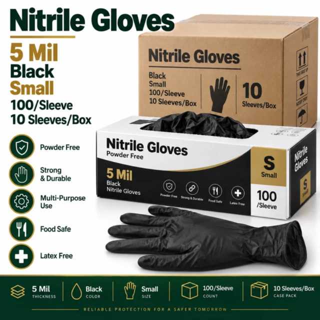 Nitrile Gloves – 5 Mil - Black - Small 100/Sleeve - (10Sleeves/Box)