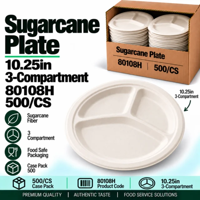 Sugarcane Plate – 10.25in – 3-Compartment - 80108H - 500/CS