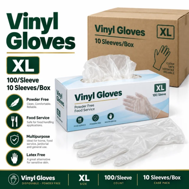Vinyl Gloves – XL - 100/Sleeve (10 Sleeves/Box)