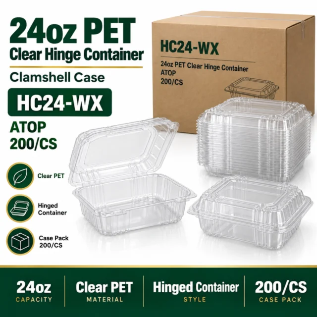 24oz PET Clear Hinge Container Clamshell Case - HC24-WX - ATOP  - 200/CS