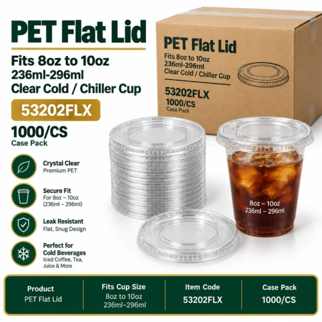 Pet Flat Lid for 8oz to 10oz / 236ml-296ml Pet Clear Cold / Chiller Cup Case - 53202FLX - 1000/CS