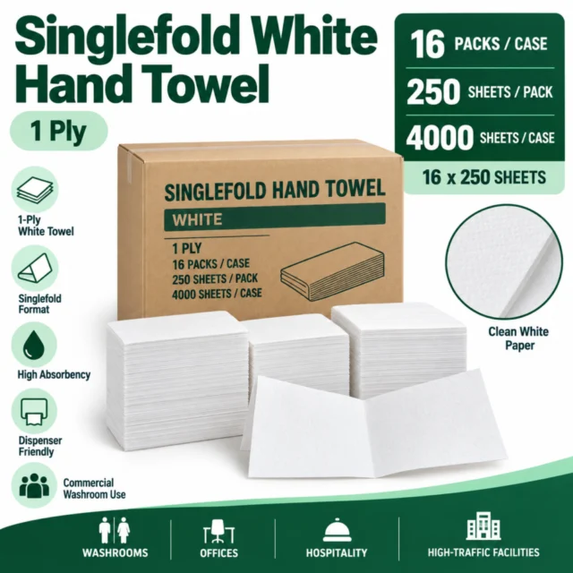 Singlefold White Hand Towel - 1Ply Case - 16 Packs × 250 Sheets/ Case / (4000/CS)