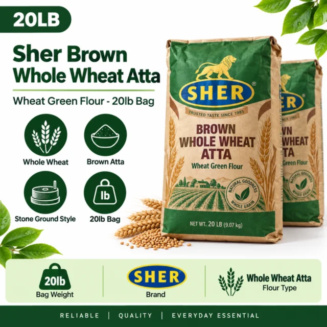 Sher Brown Whole Wheat Atta / Wheat Green Flour 20lb Bag