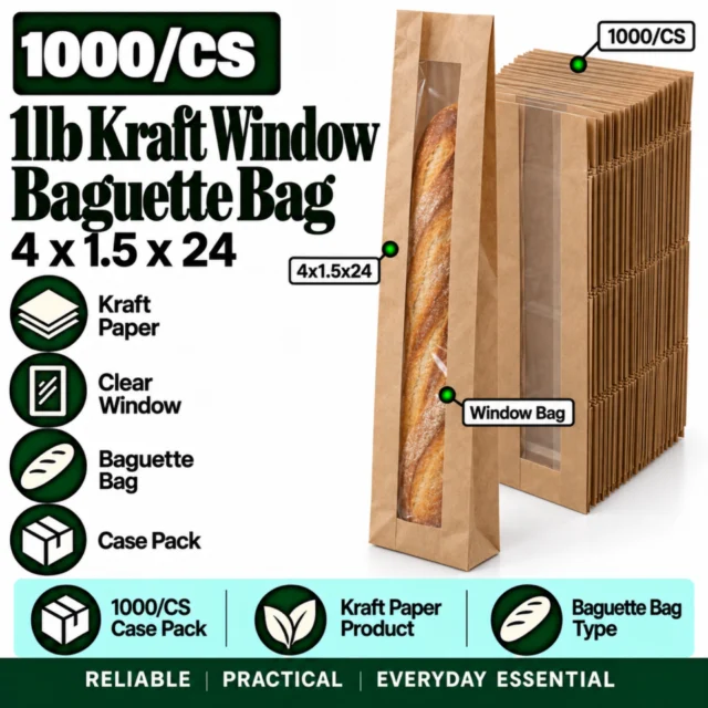 1lb Kraft Window Baguette Bag Case (4x1.5x24) - 1000/CS