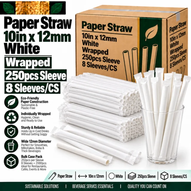 Straw – Paper – 10in (10"x 12mm) - White - Wrapped 250pcs Sleeve - 8Sleeves/CS
