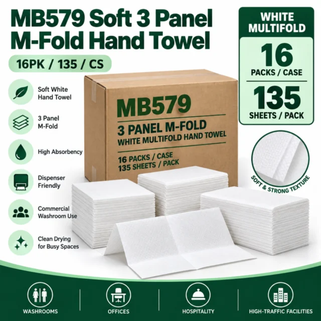 MB579 Soft 3 Panel M-Fold White Multifold Hand Towel Case - 16PK/135/CS