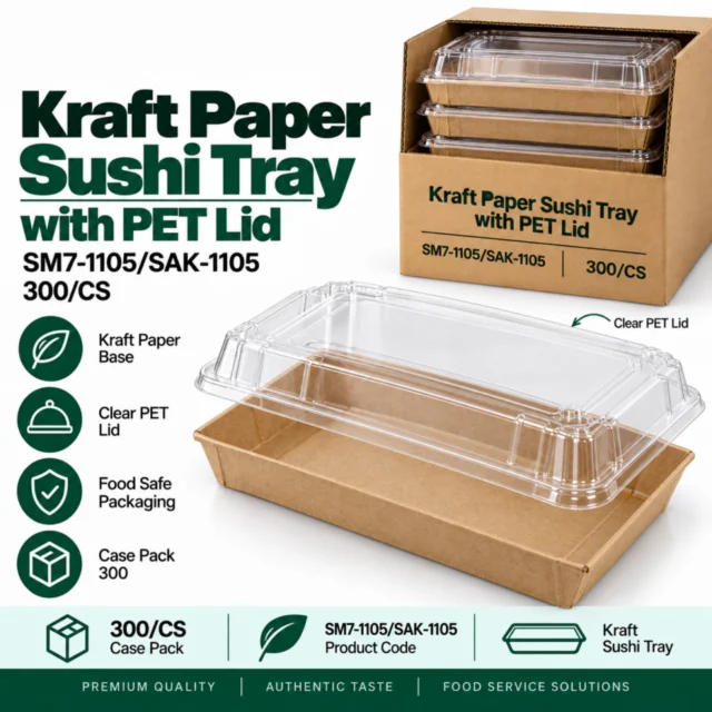 Kraft Paper Sushi Tray with PET Lid - SM7-1105/SAK-1105 - 300/CS