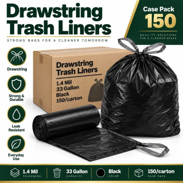 Drawstring Trash Liners - 1.4 Mil, 33 Gallon, Black 150/carton