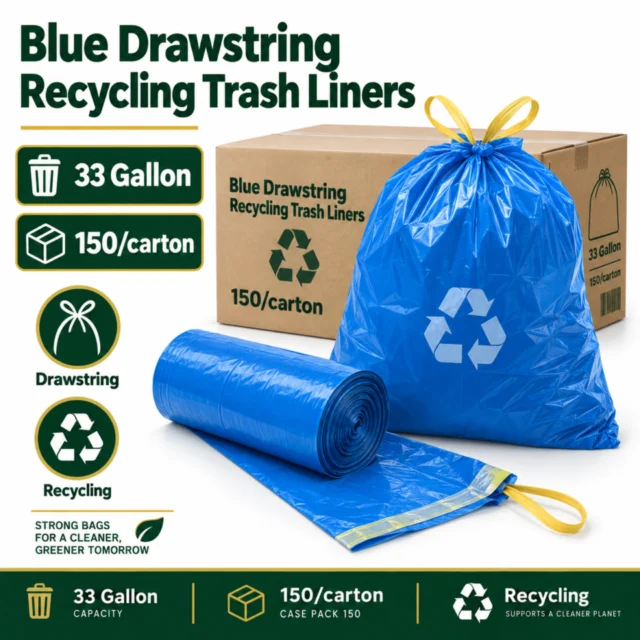 Blue Drawstring Recycling Trash Liners - 33 Gallon 150/carton