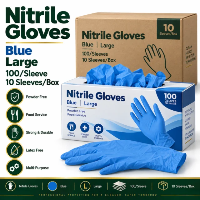 Nitrile Gloves - Blue - Large 100/Sleeve - (10Sleeves/Box)