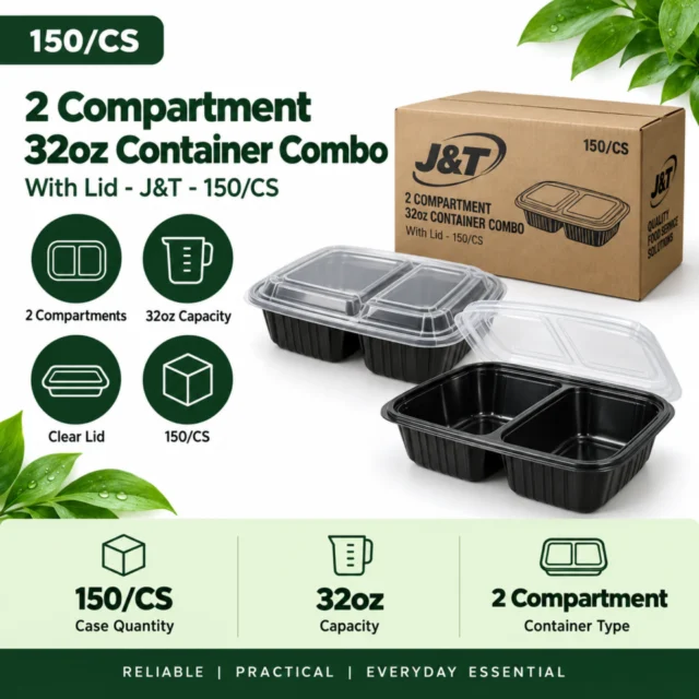 2 Compartment 32oz Container Combo (With Lid) - JandT - 150/CS