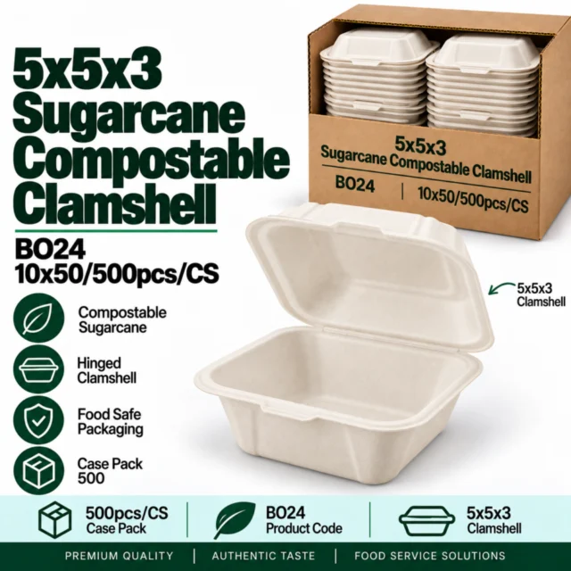 5x5x3 - Sugarcane Compostable Clamshell Container / Case - BO24 - 10x50/500pcs/CS