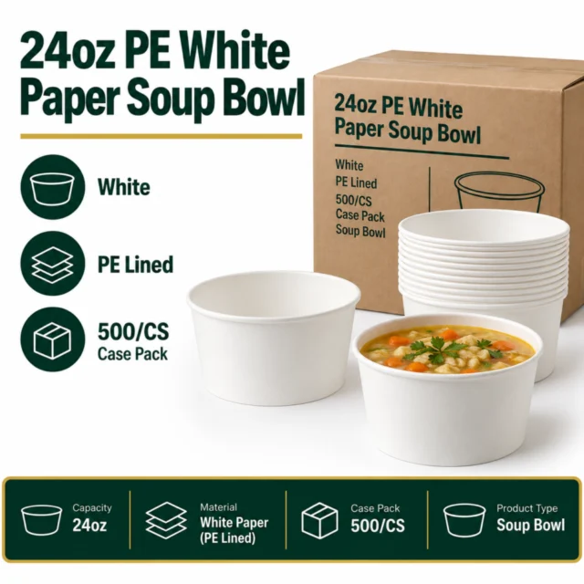 24oz PE White Paper Soup Bowl Case - 500/CS