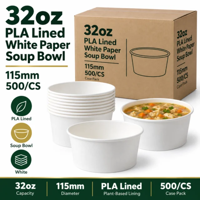 32oz PLA Lined White Paper Soup Bowl - 115mm – 500/CS