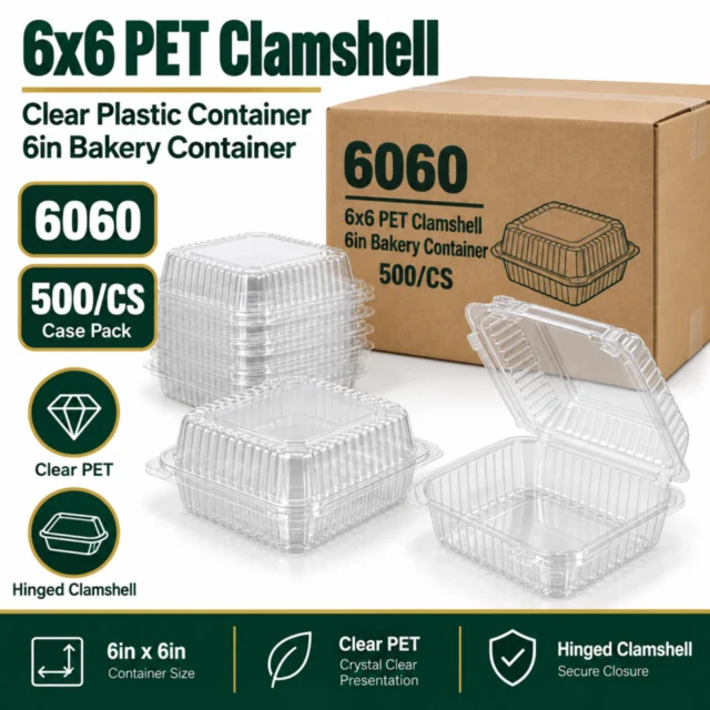 6x6 Pet Clamshell Clear Plastic Container Case / 6in Bakery Container Case - 6060 - 500/CS