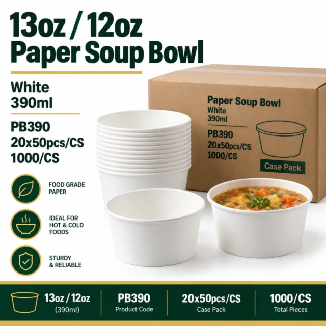 13oz / 12oz Paper Soup Bowl - White - 390ml - PB390 - 20x50pcs/CS=1000/CS