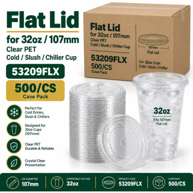 Flat Lid for 32oz / 107mm Clear PET / Cold / Slush / Chiller Cup Case -  53209FLX - 500/CS