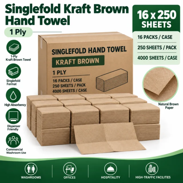 Singlefold Kraft / Brown Hand Towel - 1Ply Case - 16 Packs × 250 Sheets/ Case / (4000/CS)