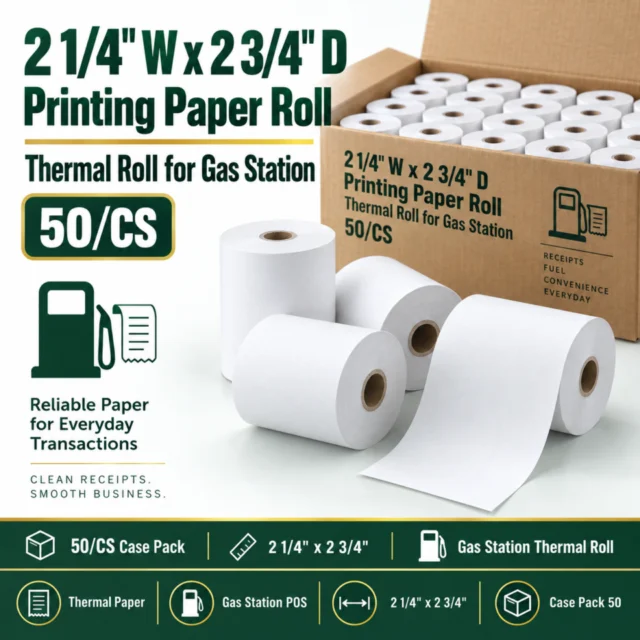 2 1/4" W x 2 3/4" D Printing Paper Roll / Thermal Roll for Gas Station - 50/CS