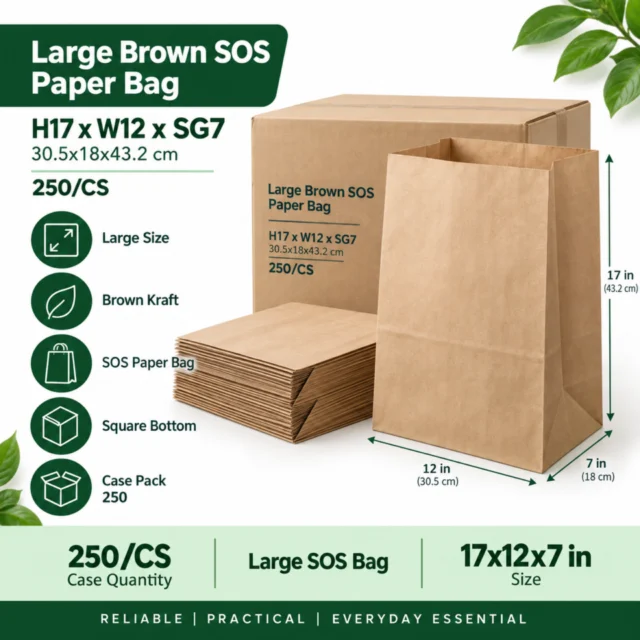 Paper Bag – Large Brown SOS H17x12Wx7SG / 30.5x18x43.2cm - 250/CS