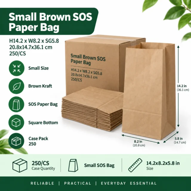 Paper Bag – Small Brown SOS H14.2x8.2Wx5.8SG / 20.8x14.7x36.1cm - 250/CS