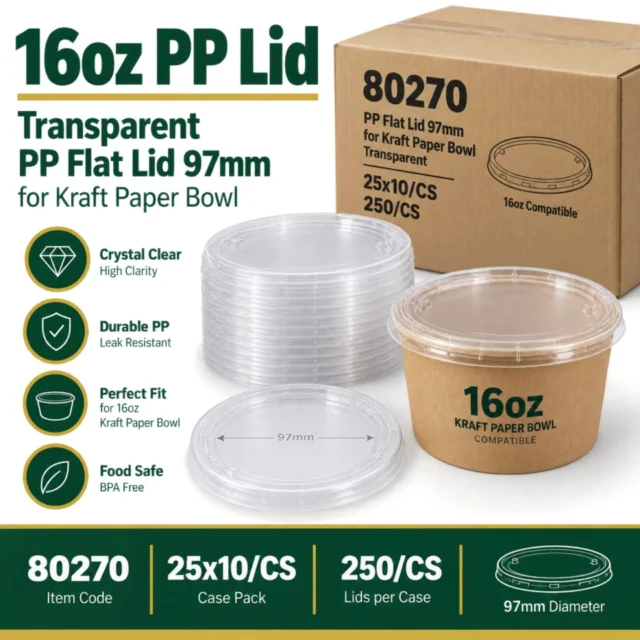 16oz PP Lid for Soup Bowl - Transparent / PP Flat Lid 97mm for Kraft Paper Bowl / White / Case - 80270 - 25x10/CS=250/CS