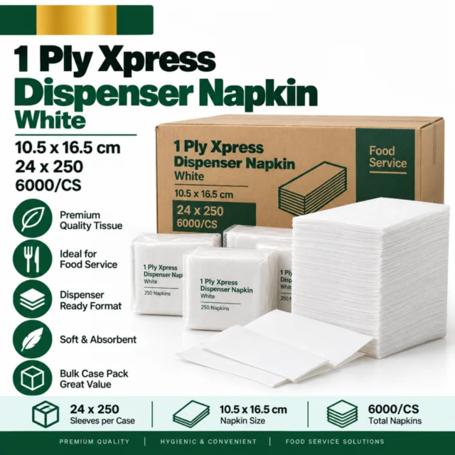 1 Ply Xpress Dispenser Napkin White Case - 10.5x16.5cm (24Sleeves/CS)x250/Sleeve/6000pcs/CS)