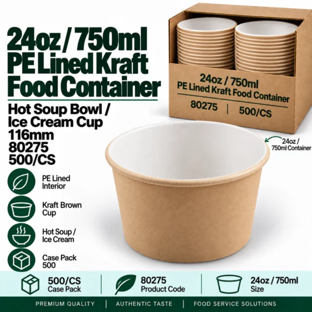 24oz / 750ml PE Lined 116mm Kraft (Brown) Deluxe Paper Food Container / Hot Soup Bowl / Ice Cream Cup / Case - 80275 - 500/CS