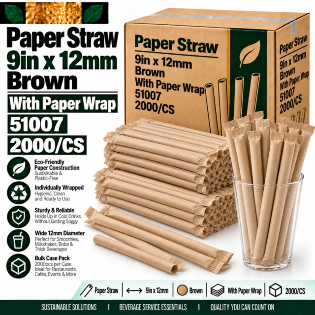 Straw – Paper – 12mm – 9in (9"x12mm) – Brown - With Paper Wrap Case - 51007 - 2000/CS