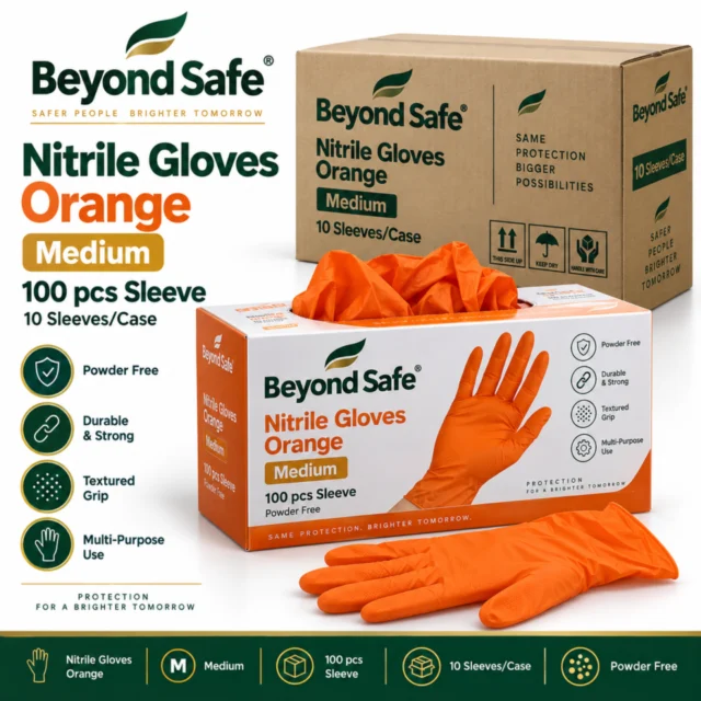 Nitrile Gloves – Orange – Medium 100 pcs Sleeve (Beyond Safe) - (10Sleeves/Case)